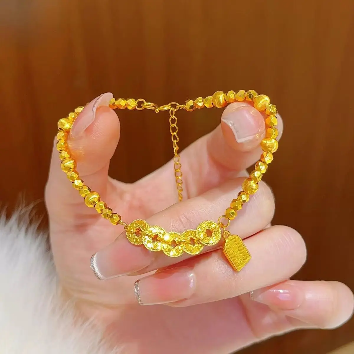 24k Real Gold Plated Chinese Style Five Emperor Coins Peace Joy Charm Lucky Blessing Wealth Disco Beaded Bracelet For Women Fash