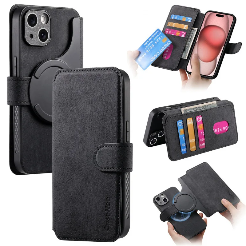 Abnehmbare Brieftasche, Kartensteckplatz, Flip-Halter, magnetische Hülle für Magsafe, iPhone 17 Air 16, 15, 14, 13 Pro Max Plus 17Pro 16e Lederhülle