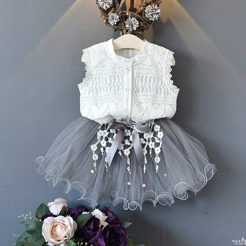 

New Summer Outfit Dress for Women Fashionable Lace Trim Beaded Short Skirt Sleeveless Shirt Two-Piece Set