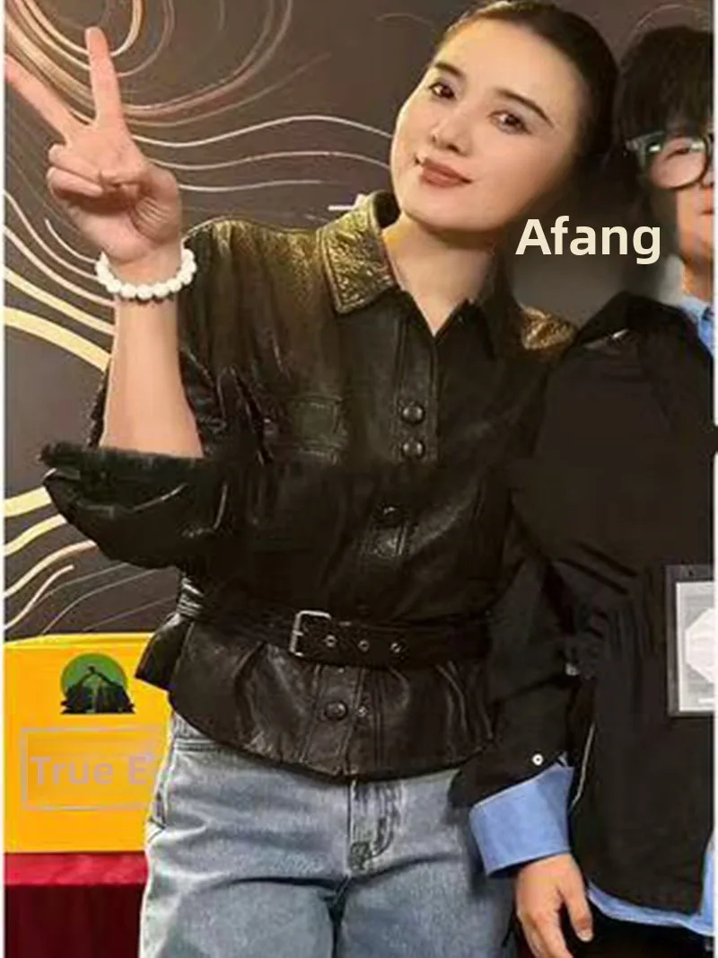 

Женская кожаная куртка из овчины 2025 года, осенняя новинка, приталенная, утягивающая талию, из натуральной кожи, в байкерском стиле