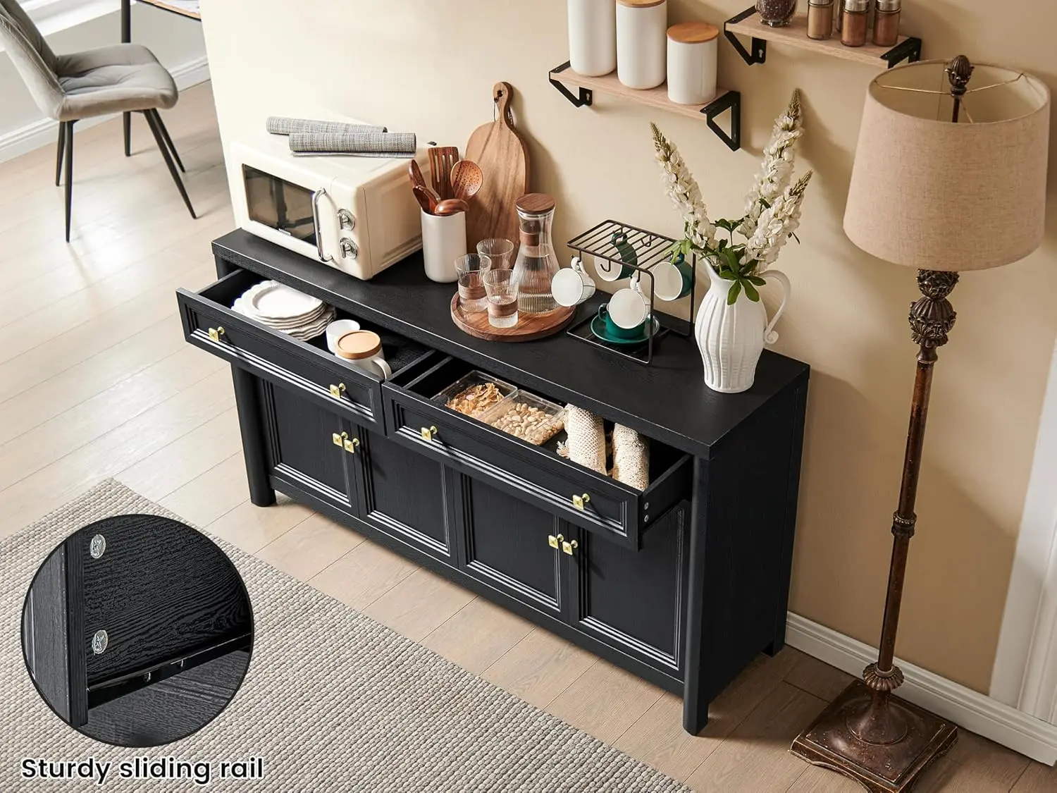 Шкаф-буфет в фермерском доме, черный сервант 59 футов с 4 дверцами и полками, деревянное хранилище для кухни или гостиной в деревенском стиле