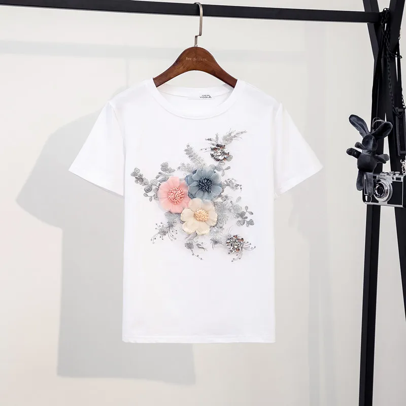 

Summer Runway Floral Cotton T-Shirts Women Short Sleeve Embroidery Sequins Flower T Shirts Girl Casual Sweet Tops Tees