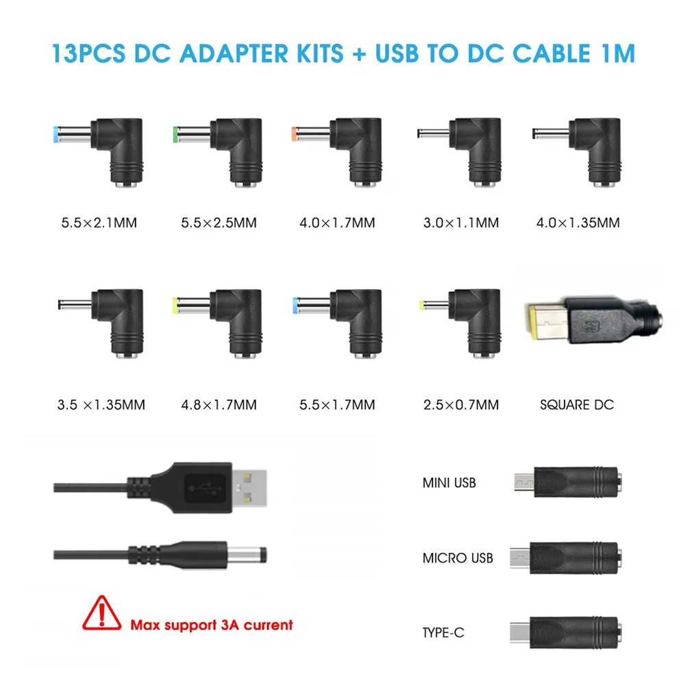 A20M USB To DC Power Cable Universal USB To DC Jack Charging Cable Power Cord with 13 Interchangeable Plug Connectors Adapter