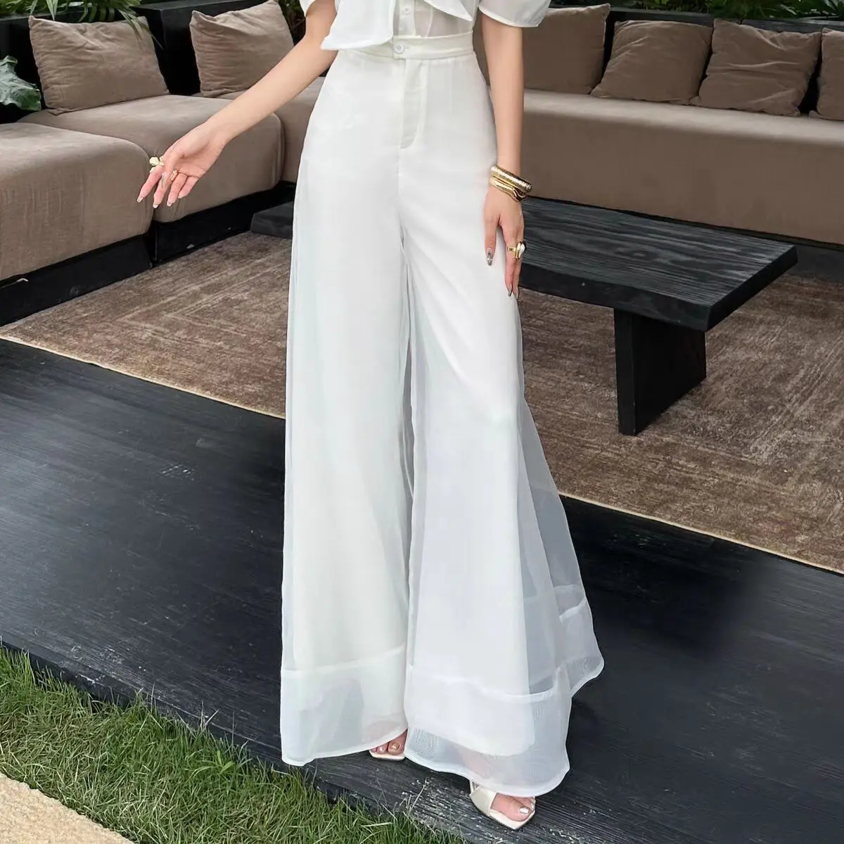 

Spring and summer new fashion high-end casual pants women's design sense organza thin meat-covering wide-leg pants women's pants
