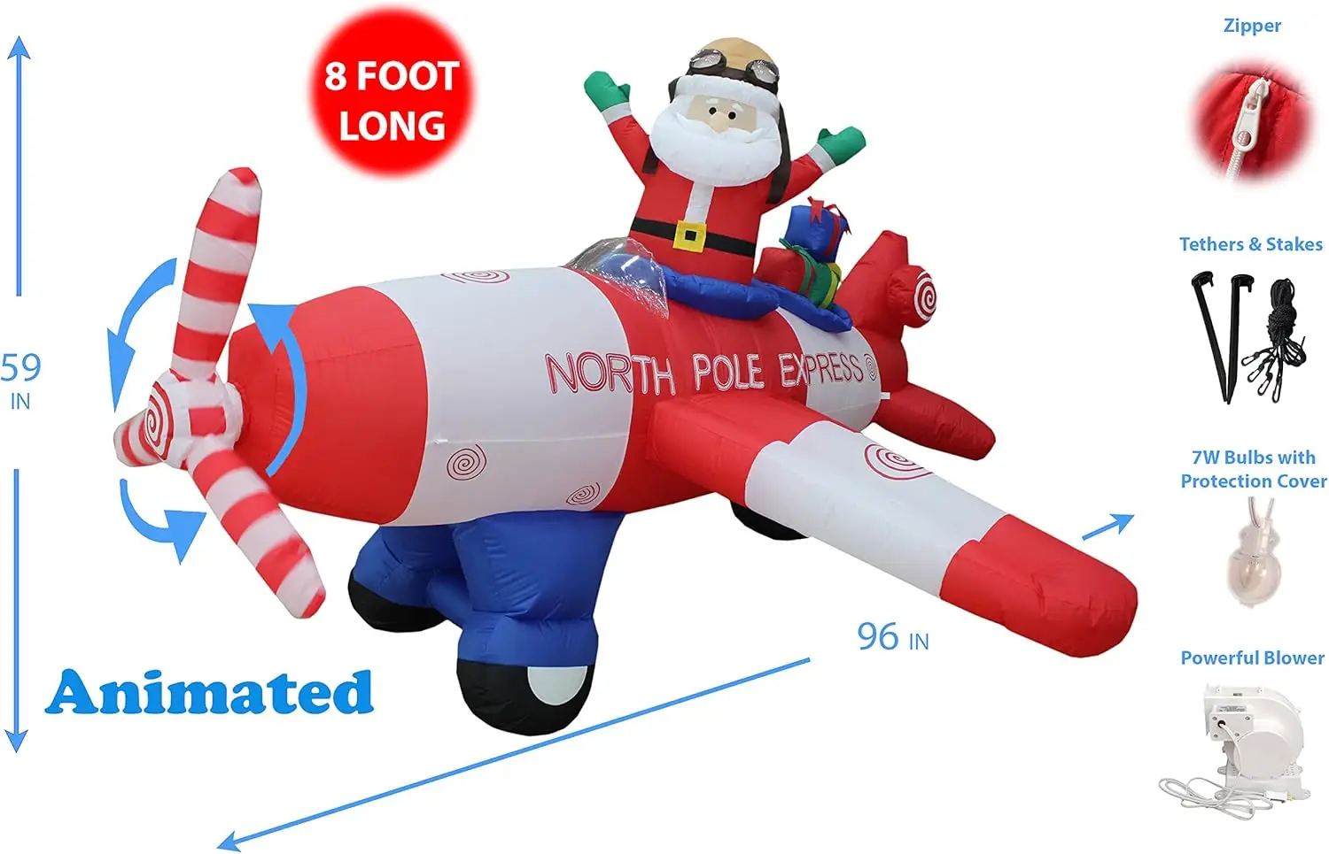 8 Foot Wide Christmas Inflatable Santa Claus Flying Airplane Blow Up Yard Outdoor Decoration