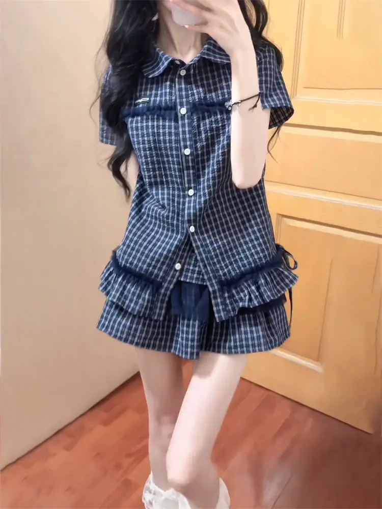 Fashion Vintage Preppy Style Slim 2-piece Set Women Casual Chic Patchwork Plaid Short Sleeve Top Female + High-waist Short Skirt