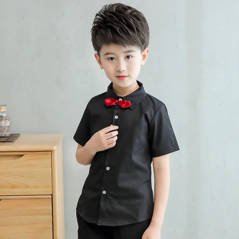 Teenage Boys White ShirtS Summer Cotton Bow Design Short Sleeve Big Button Down Children Tie Blouse For Baby Kids 2-14 Years