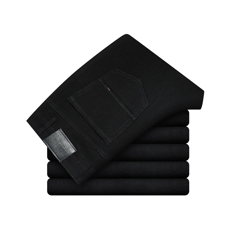 

Brand Quality Pure Black Fit Straight Black Jeans Classic Business Casual Men's Mid-High Waist Fashion Trousers Midweight Pants
