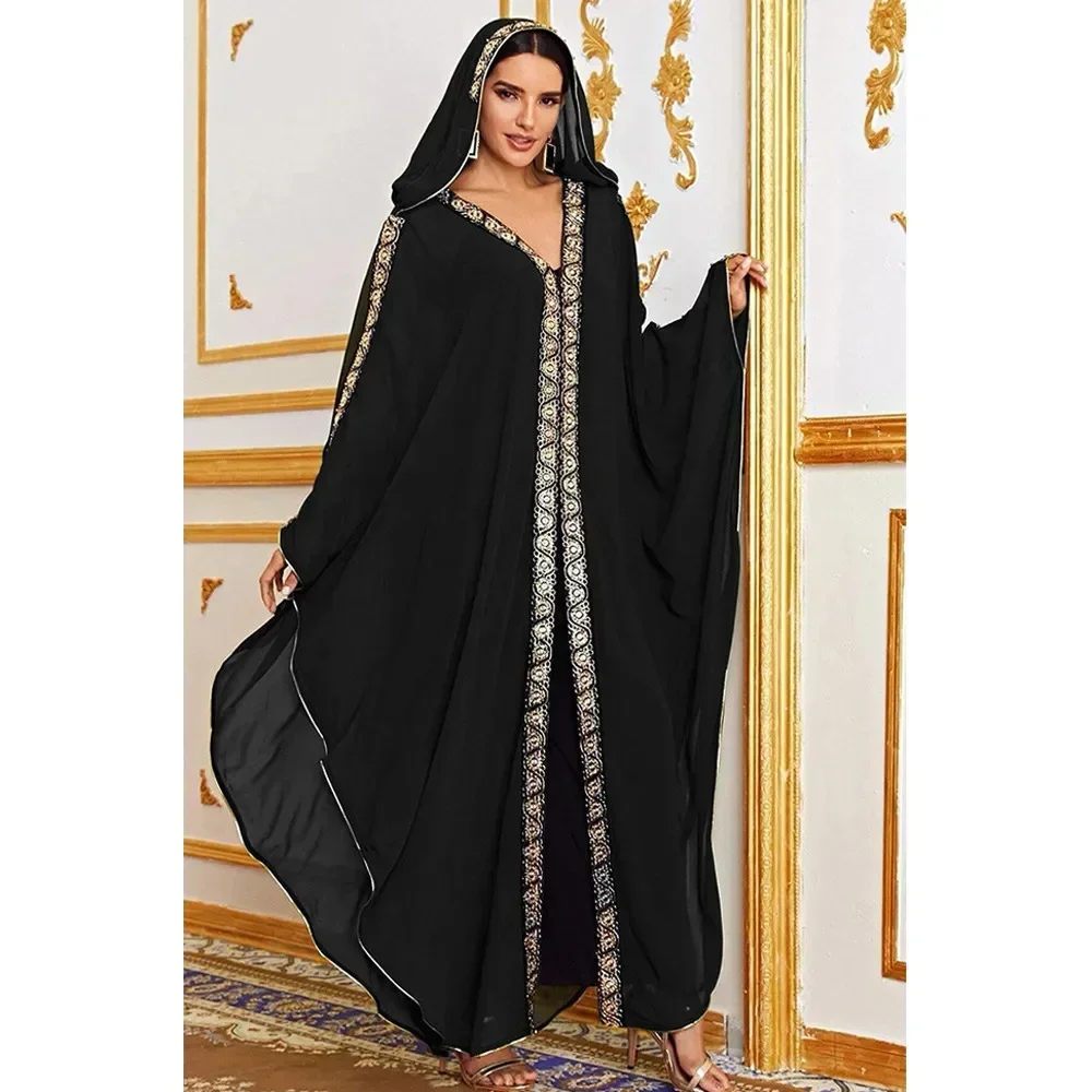 Marrocos abaya kaftan dubai com capuz maxi vestido manga morcego farasha kaftan muçulmano feminino africano aberto quimono boubou noite longo robe