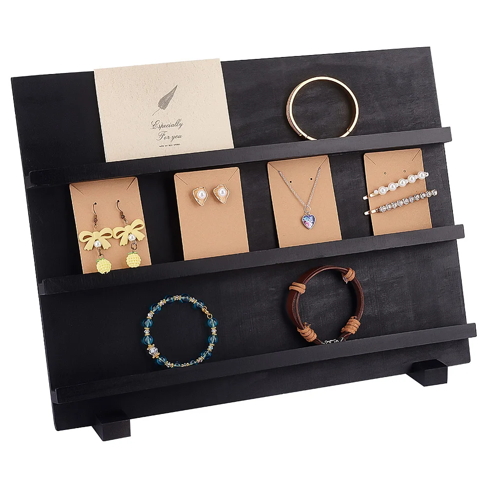 

3-Tier Wooden Slant Back Jewelry Display Card Stands Rectangle Jewelry Display Organizer Holder for Storage Black 40x14x29.7cm