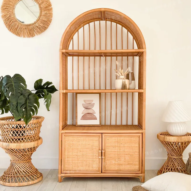 Natural Indonesian rattan, big vine, bookshelf, storage cabinet, round arched storage.