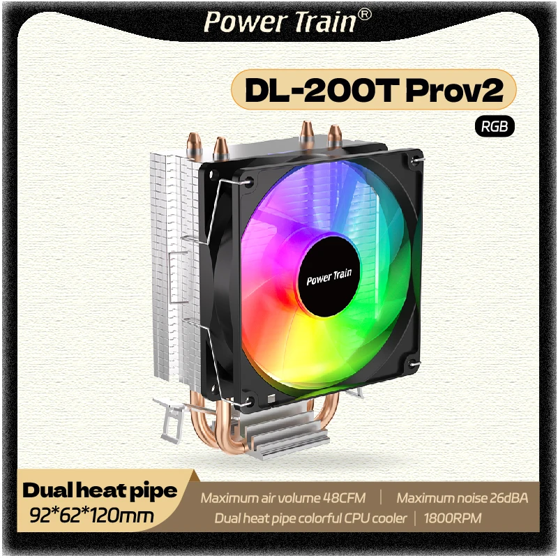 Power Train DL-200T 92mm Dual Heat Pipe RGB CPU Cooler Large Air Volume Lower Noise Air Cooler 48CFM LGA1700 1200 115X 775