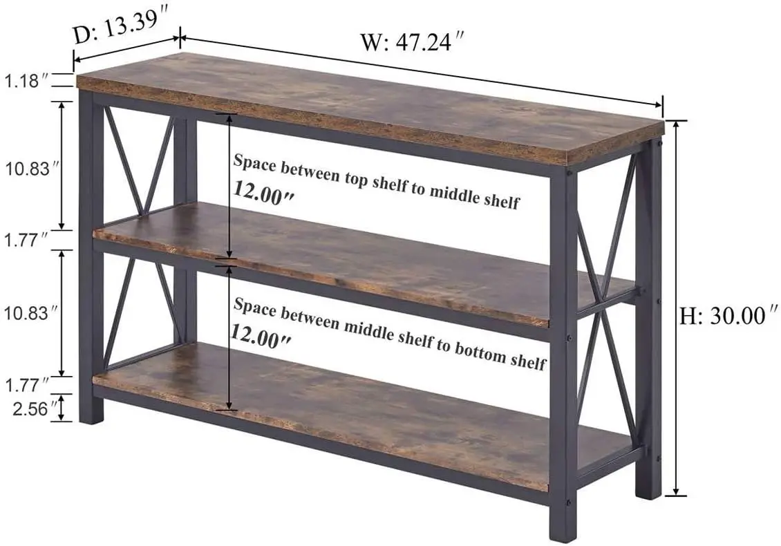 Industrial Sofa Console Table for Entryway, 3 Tier Foyer Table for Hallway, Rustic Hall Tables Behind Couch (47 Inch)