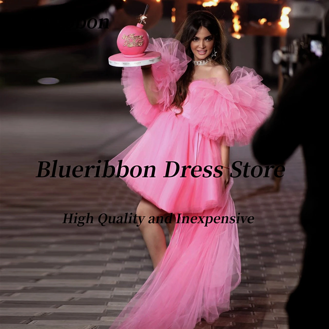 

Blueribbon Pink Tulle Short Birthday Party Dresses for Ladies Ruffles Off Shoulder Homecoming Graduation Dress A Line Prom Gowns