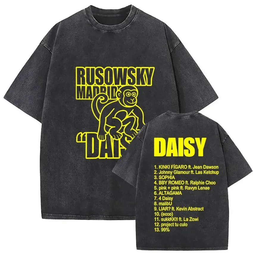 Customization Shirt Vintage Washed Rusowsky Madrid Daisy Tour 2025 Print T Shirts Men's Hip Hop Fashion Pop Short Sleeve T-shirt
