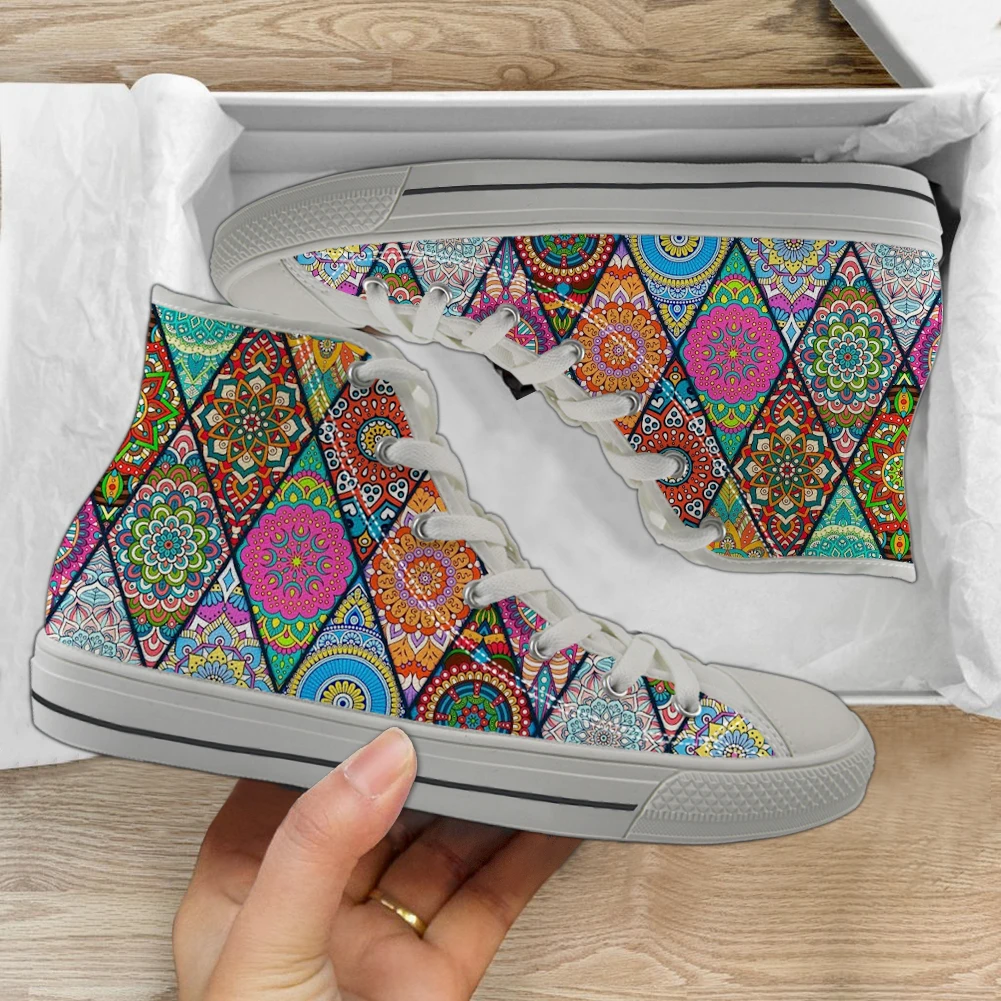 INSTANTARTS Luxury Brand High Top Canvas Shoe Bohemia Mandala Print Women Breathable Sneakers for Teen Boys Lace Up Flats 2023