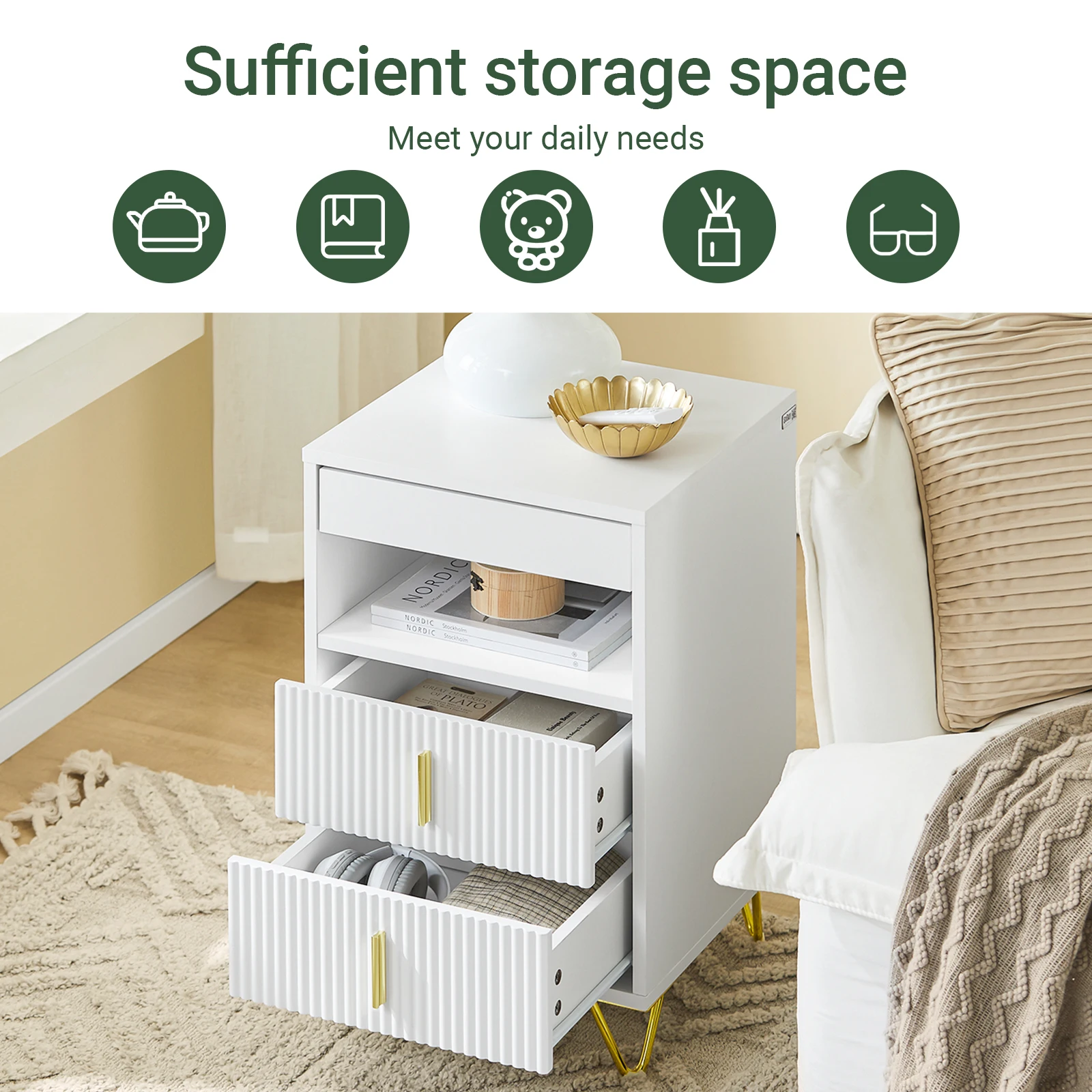 SoBuy FBT168-W Nachttisch, Nachtschrank mit 3 Schubladen und Ablagefach, Moderner Beistelltisch für Schlafzimmer und Wohnzimmer – Detail 7