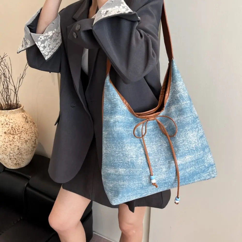 

Vintage Versatile Denim Axillary Bag Cloth Casual Bow Shoulder Bags Leisure High Capacity Canvas Tote Bag Women