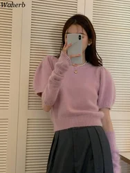 Woherb Puff Sleeve Korean Chic Crop Sweaterwomen Casual All Match Candy Color Knitted Pullover 2024 Y2k Jumper Sueter Mujer