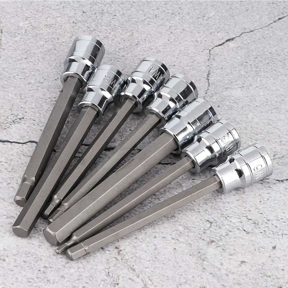7PCS 3-10mm Metric Hex Bit Set 3/8 Inch Drive CR-V Steel Extra Long Hex Extra Long Plastic Storage Case Allen Key Set