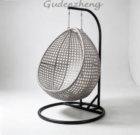 Nordic style 2-person grey rattan hanging egg chair with support frame, wicker woven hanging swing lounge chair