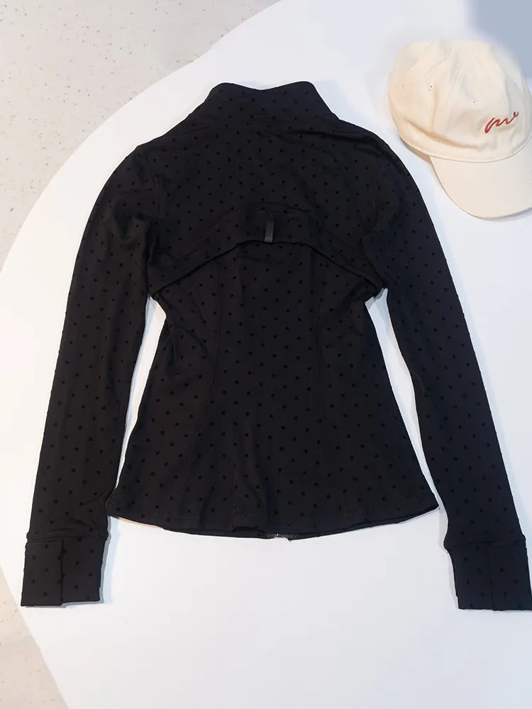 New Sweet Black Polka Dot Stand Collar Jacket Slim Fit Long Sleeve Sports Coat Versatile Fitness Yoga Top image 3