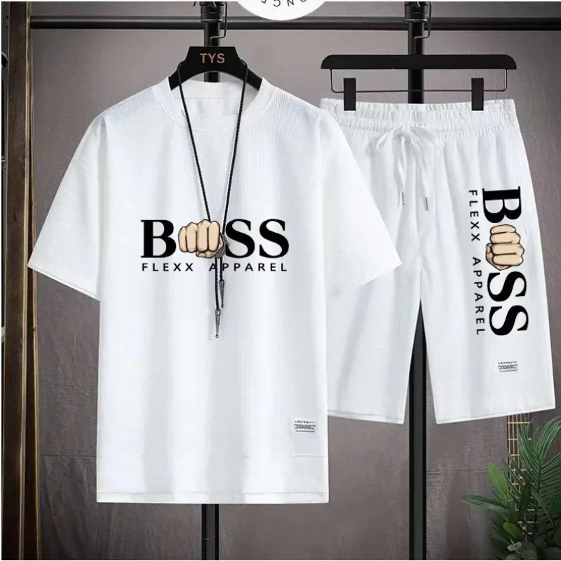 BSS FLEXX APPAREL Men's Two Piece Set Linen Fabric Casual T-shirt And Shorts Set Mens Sports Suit Fashion Short Sleeve Tracksuit