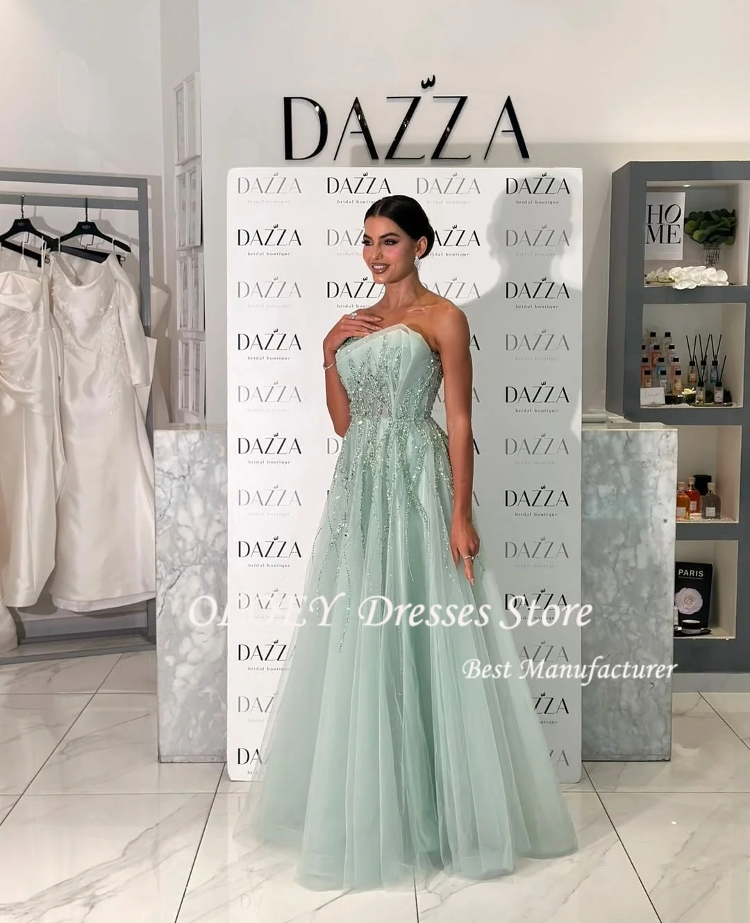 OLOEY Green Beadings Tulle Prom Dress Crystal Elegant Evening Dress Wedding Dress Sequins Formal Occasion Party Gowns Customized