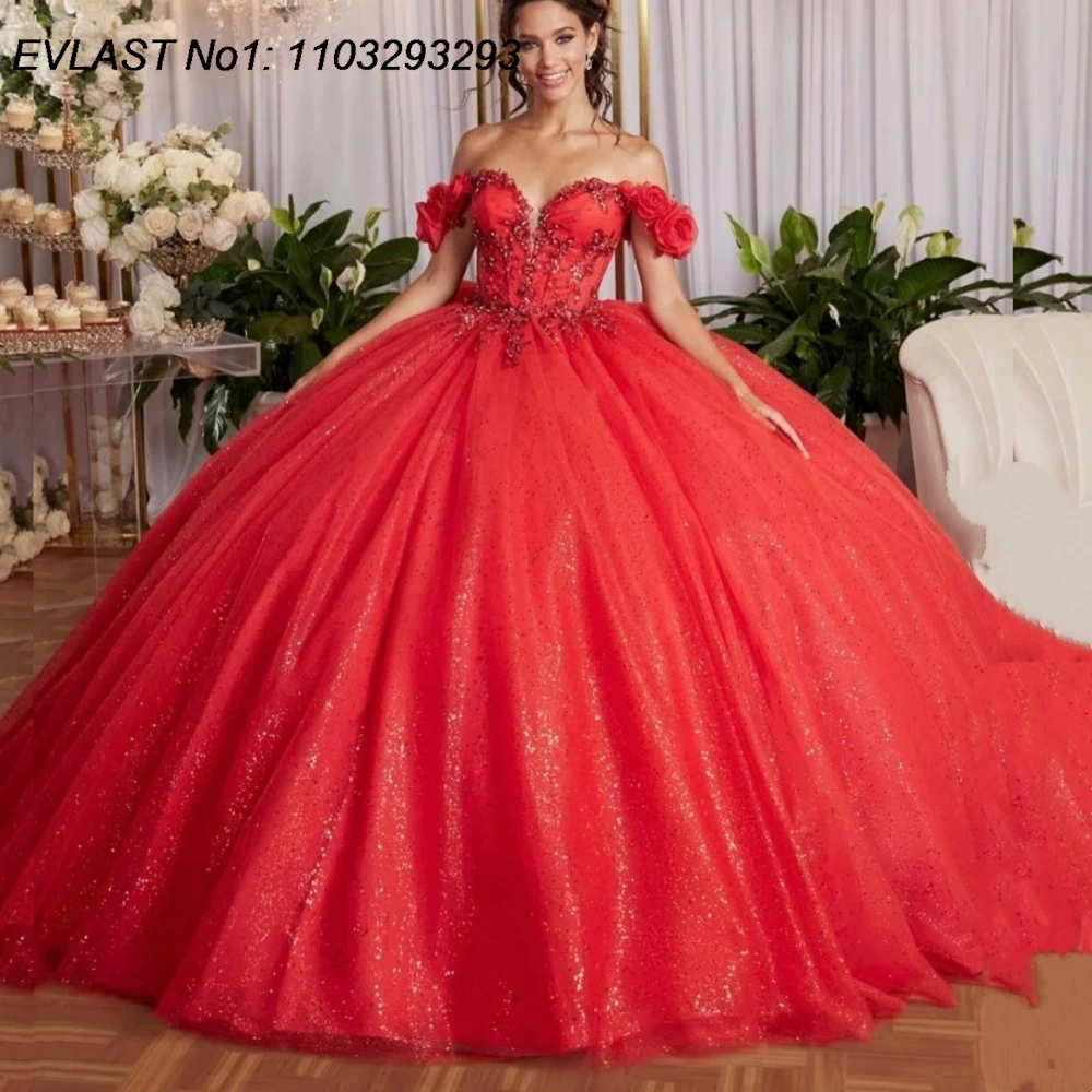 

EVLAST индивидуальное блестящее красное бальное платье Quinceanera платье с блестящей аппликацией и бисером с бантом корсет Sweet 16, Vestidos De 15 Anos E1QN14