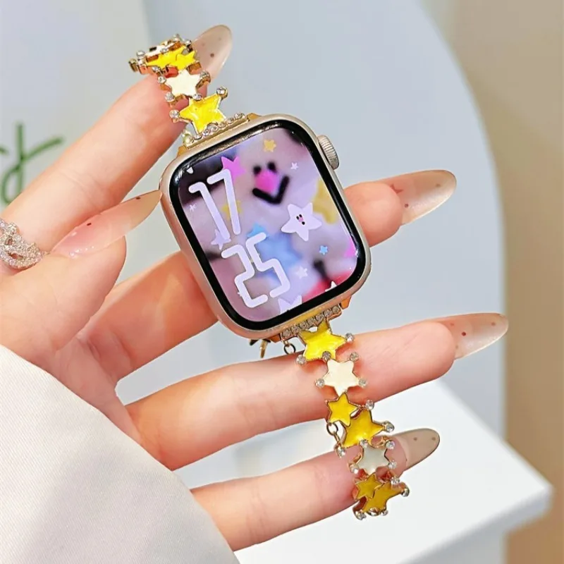Cute Sparkly Star Diamond Metal Wrist Strap for Apple Watch 41 45 49 46 42 44mm S11 10 9 8 7 SE Color Enamel Bracelet Watchband