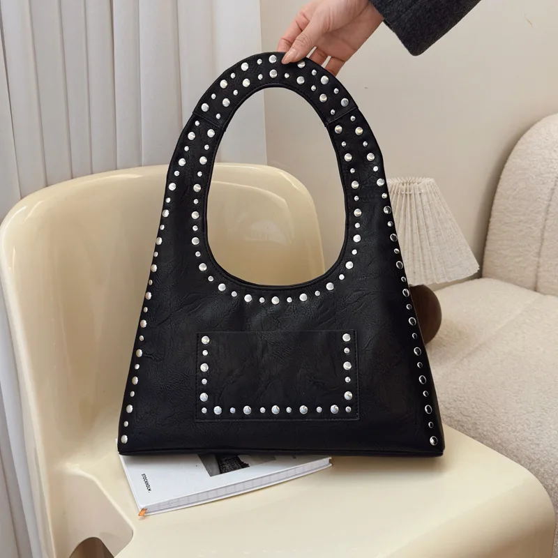 

2025 Vintage Studded Shoulder Bag, Biker Underarm Tote for Women, Spacious Commuter Crossbody, Minimalist Day to Night Bag