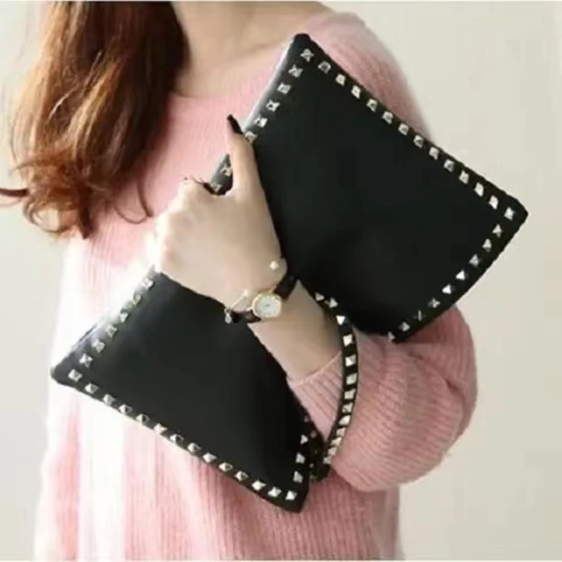 Leather Rivet Handbags for Women, Daily Clutches, Black Envelope, Evening Party Bag, High Quality, Female Shoulder Bags