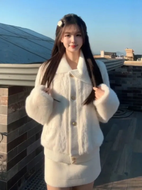 

Ele Women's Fur Coat Collar up Design Inteated Leather And Fur Spring Design Gentle Sle Warmth Insulated Long Sve