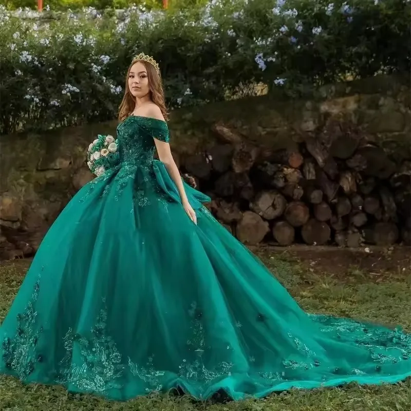 Customized Vestido De 15 Años Quinceañera Emerland Green Tulle Ball Gown Quinceanera Dress Lace Appliqued Long Pageant Gowns