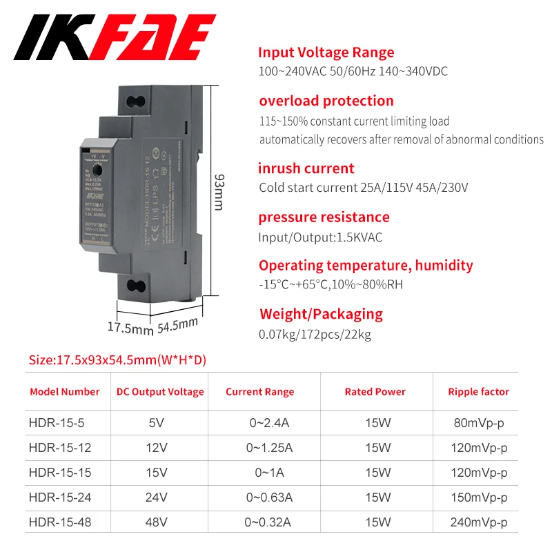 HDR-15 15W Input 100-240V Output 5V 12V 24V 48V  Ultra Slim DIN Rail Power Supply Switching  Mode Power Supply