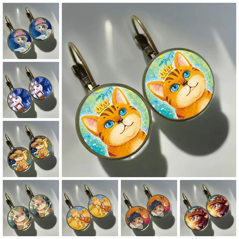 New arrival Colorful cute cat earrings, wearing hats cat Glass Cabochon Womens Earrings Love Cat Girl Earrings New Year Earrings