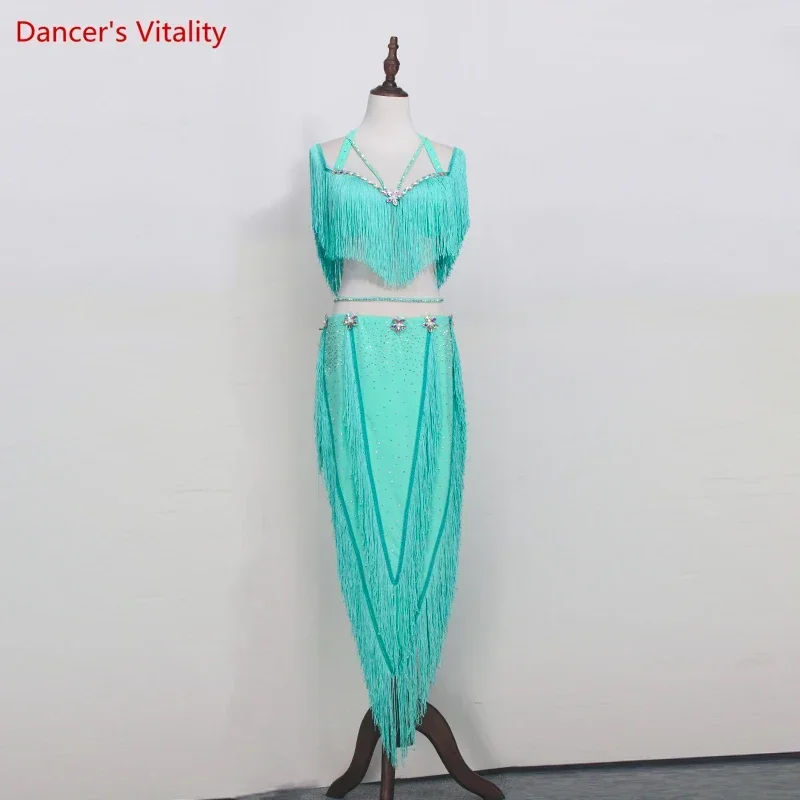 Belly Dance Female Child Adult Tassel Top Profession Custom High-End Diamond Bra Long Skirt Performance Practice Clothes Suit