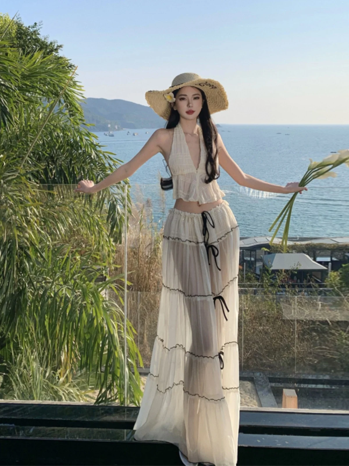 

Летний комплект для отдыха: женский повседневный костюм из двух предметов для пляжного отдыха, мягкий шифон, длинная юбка А-силуэта