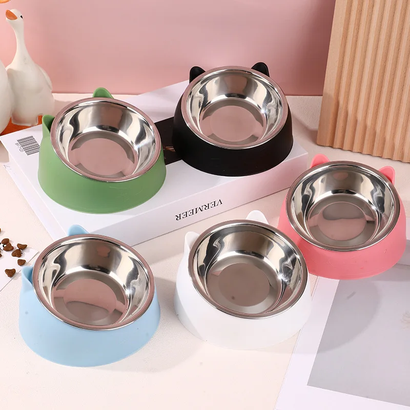 1pc Elevated Stainless Steel Cat Bowl, Inclined Food & Water Dish with Cute Ear Stand, Neck Protection Design for Cats view 5