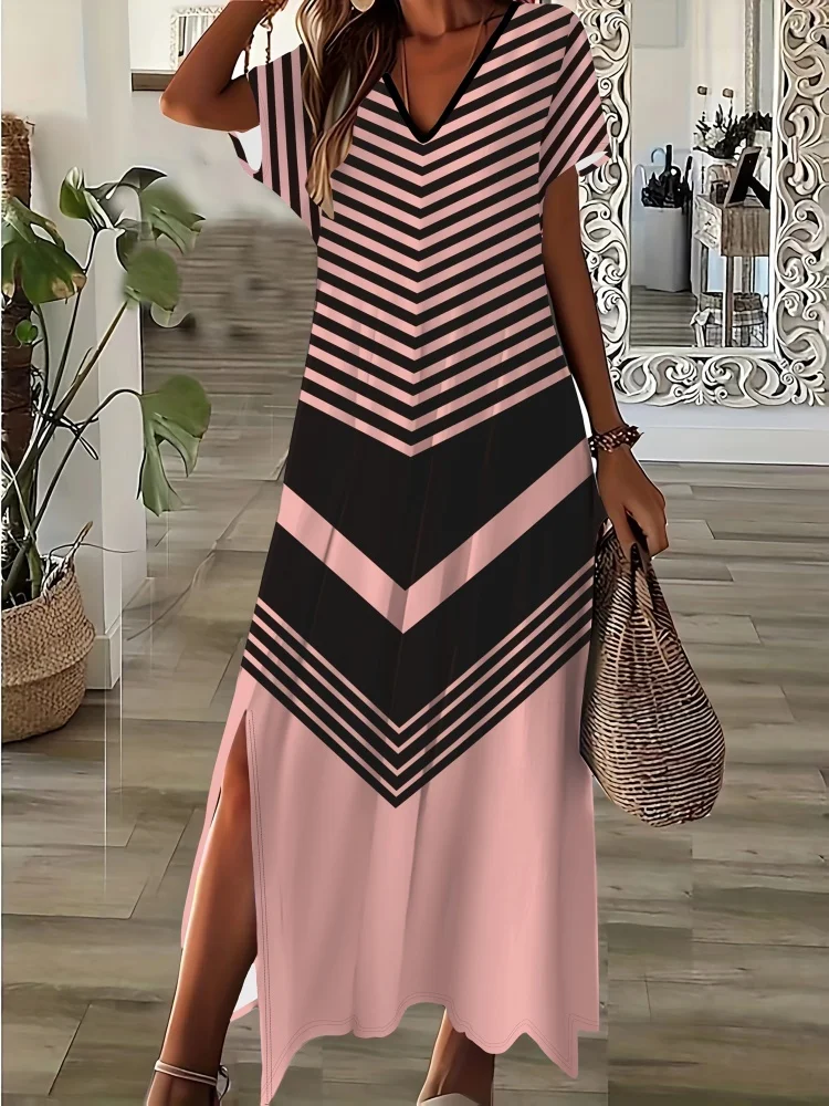 

3D Striped Print Women's Daily Casual Dress Summer Outdoor Street Ladies Elegant Long Dress Urban Fashion Women V-neck Dress