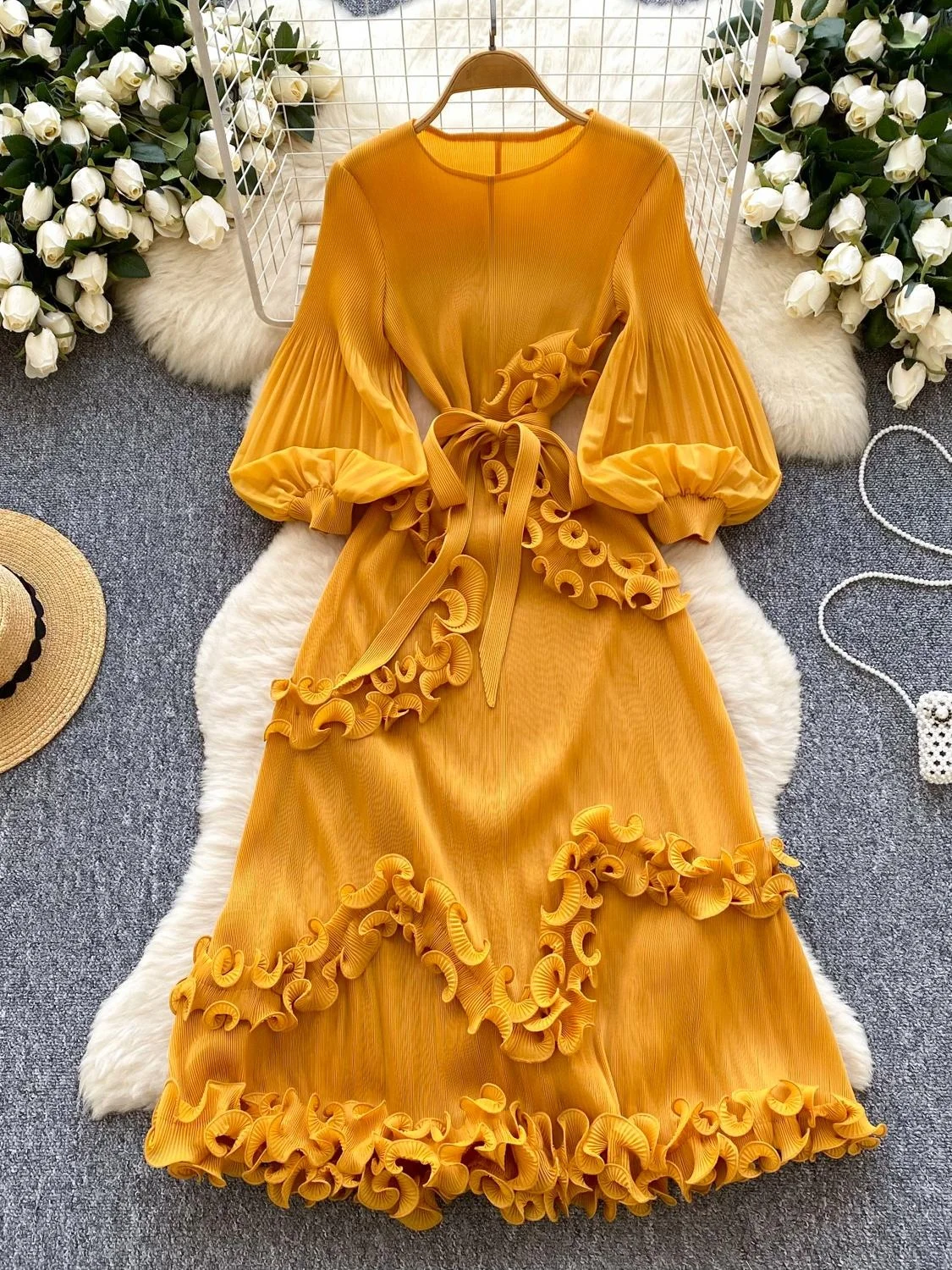 エレガントなプリーツコートスタイルランタンスリーブドレス レディース 春シーズン ハイウエストベルト付きロングドレス 韓国版Aラインスカート