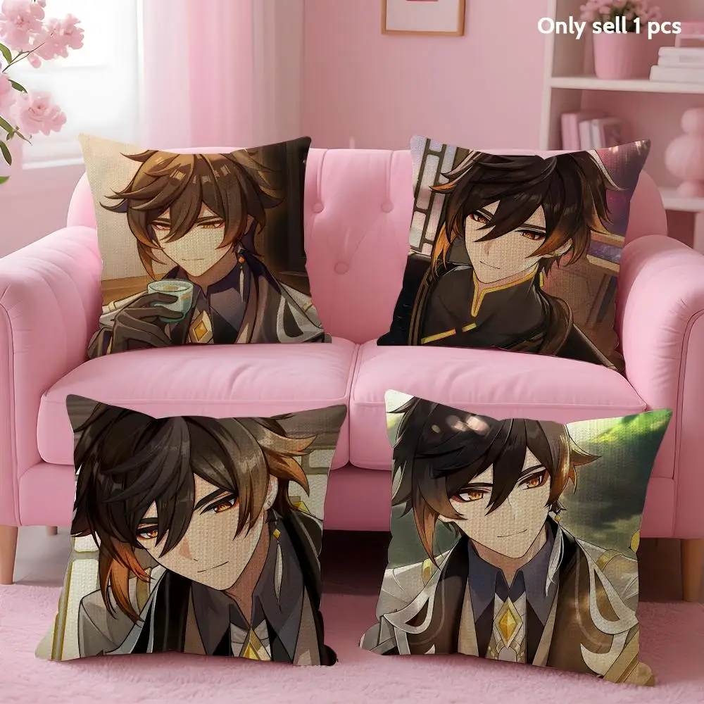 Game Zhongli Cushion Cover Natural Linen Organic Fabric Double-Sided Printing Sofa Home Decor Gift Pillow Case