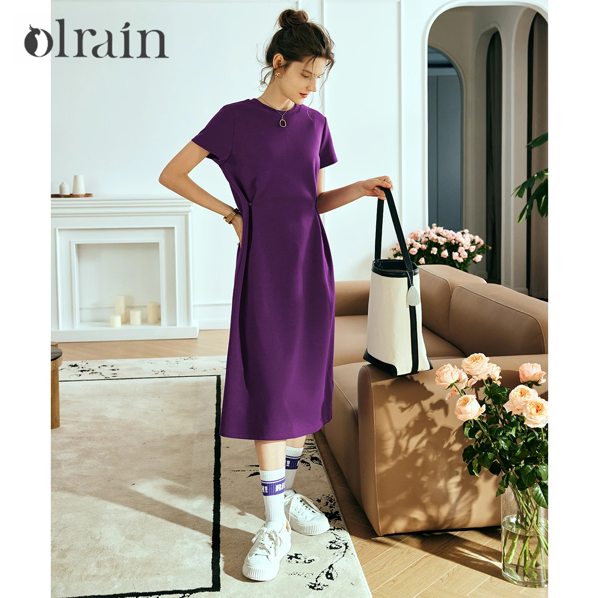 

OLrain Women Short Sleeved Purple Dress Summer 2025 French Temperament Waist Thin Knitted Dresses Commute A-lineskirt O23XL82551