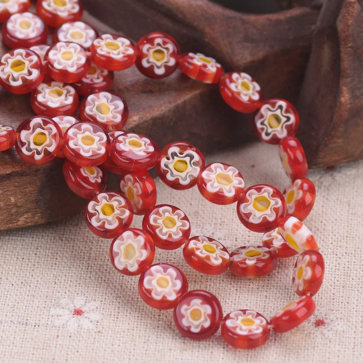 

35pcs(1 Strand) Flat Round 10mm Red Flower Handmade Millefiori Glass Loose Beads Lot For Jewelry Making DIY Craft Findings