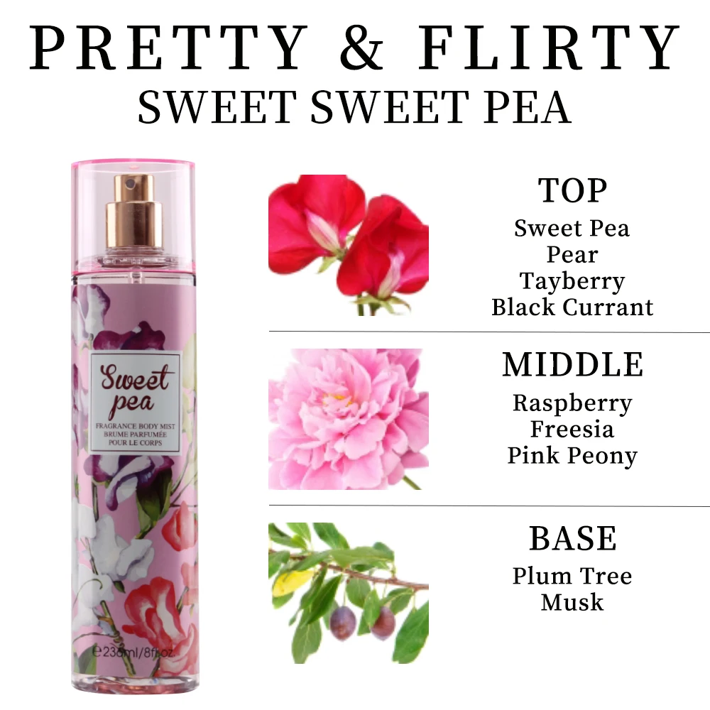 Women's Body Spray 2pcs 8 Fl Oz Body Mist - Hair & Body Fine Fragrance Mist for Women SWEET PEA Pear Litchi Cherry Blossom