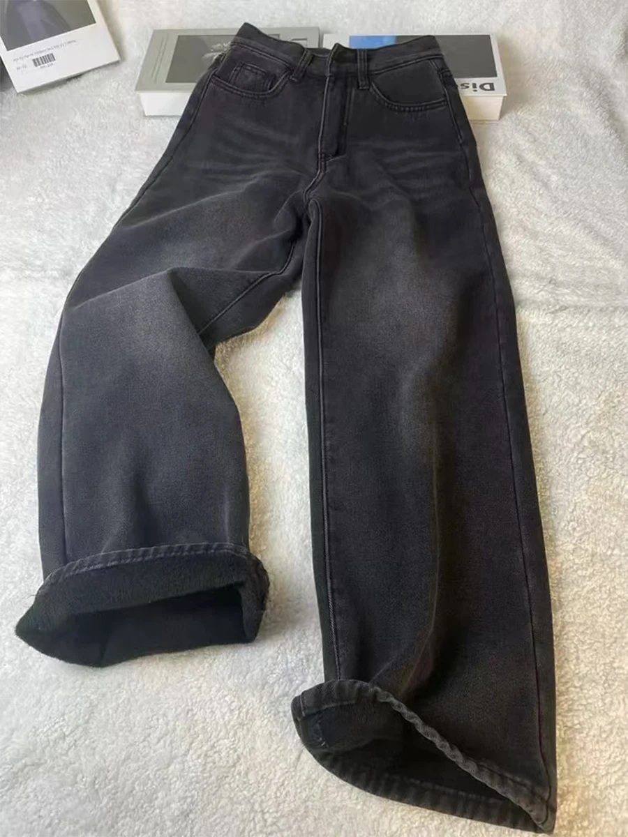 

Женские прямые джинсы с высокой талией и широкими штанинами, осенне-зимние, больших размеров, для фигуры типа «груша», свободные, стройнящие, в пол