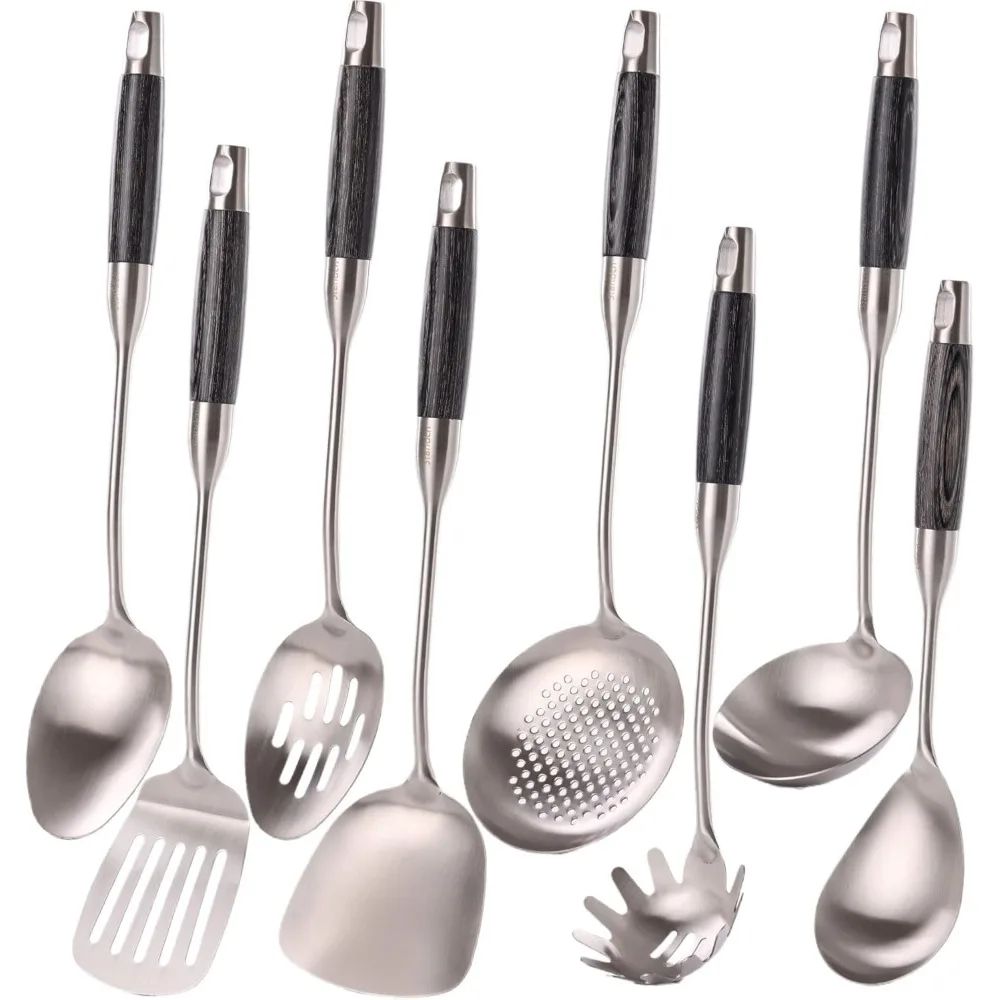 

18/10 Stainless Steel Kitchen Utensils Set with Wooden Handle 8Pcs 15” Long Cooking Utensil Set & Kitchen Gadgets Cookware Set