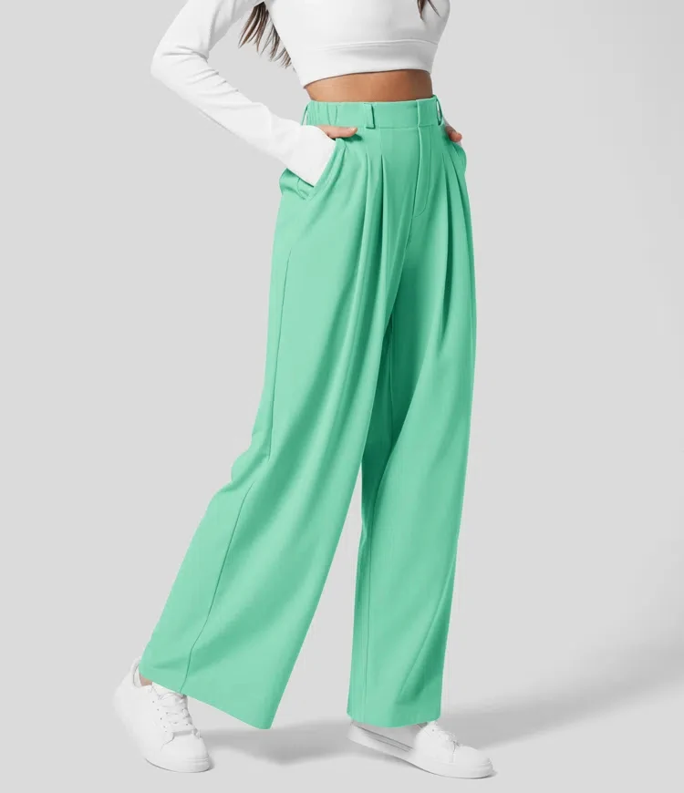 Damenhose, karierte, figurbetonte Hose mit weitem Bein und Taschen, hochtaillierte, lässige, figurbetonte Hose mit weitem Bein für Damen. – Detail 29