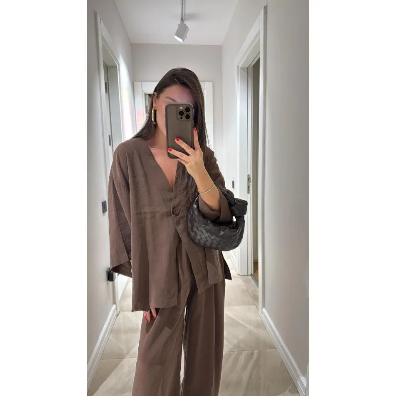 

2025 Casual Cotton Linen Loose Long Pants Suits Fashion Half Bubble Sleeve V-neck One Button Shirt Set Lady Summer Street Outfit