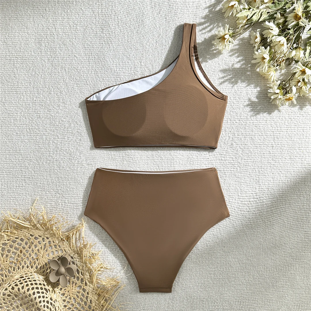Neuer, geraffter, asymmetrischer Bikini mit hoher Taille, Damen-Badeanzug, zweiteiliges Bikini-Set, Badebekleidung, Badeanzug, Modell V5857. – Detail 22